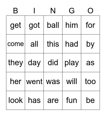 Sight Word List B Bingo Card