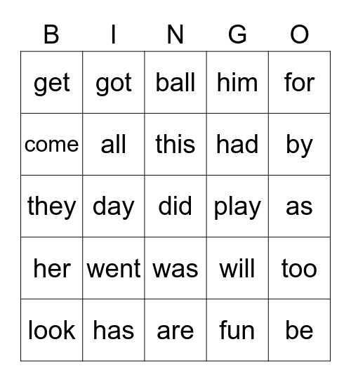 Sight Word List B Bingo Card