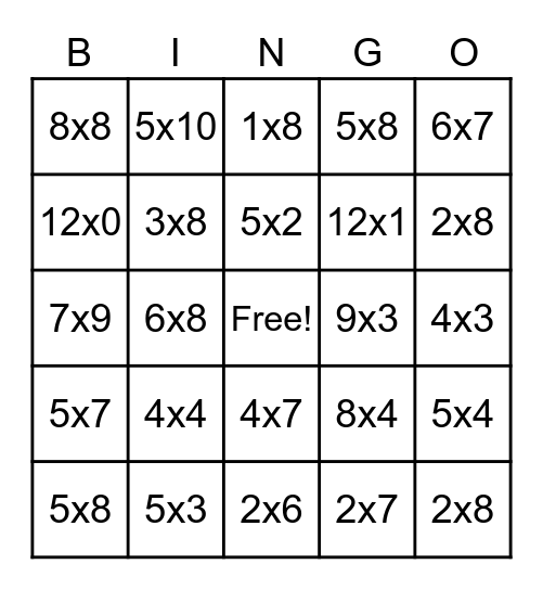 Multiplication Bingo 0-12 Bingo Card
