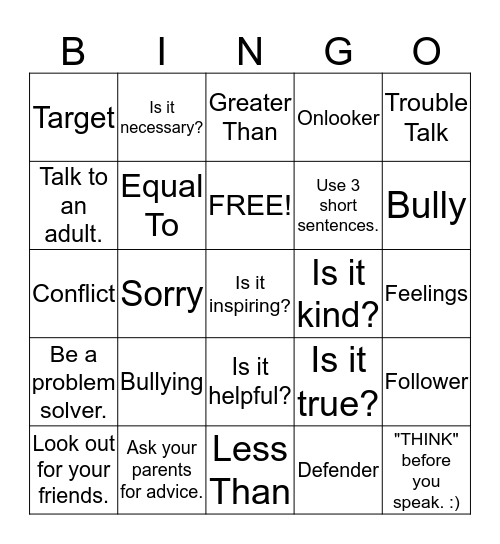 Bully Bingo Card