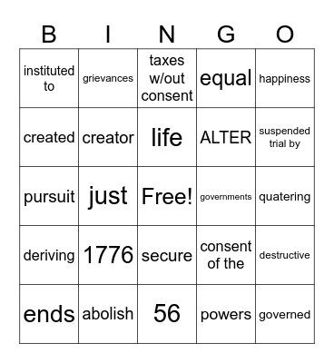 DECLARATION OF INDEPENDENCE Bingo Card