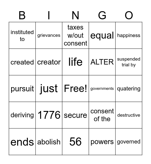 DECLARATION OF INDEPENDENCE Bingo Card