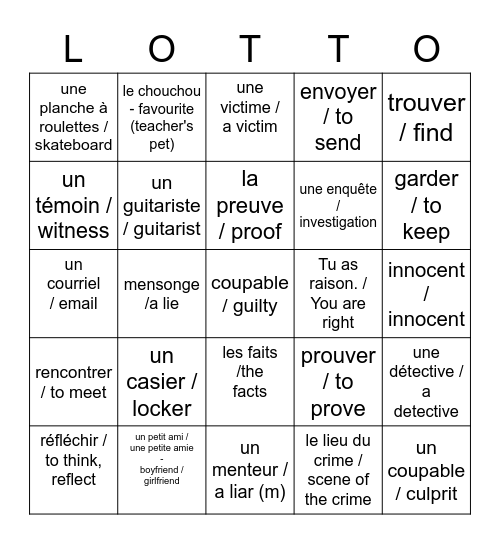 Le crime et les mystères; bilingue Bingo Card