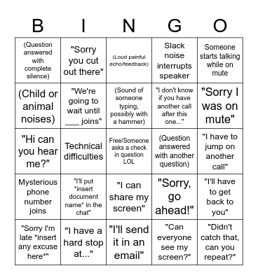 Zoom Call Bingo Card