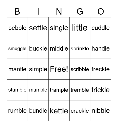 Final Stable Syllable Bingo Card