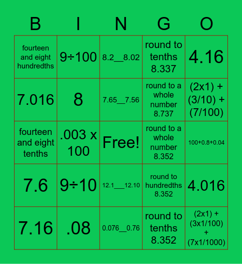 Decimal Review Bingo Card