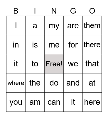 SIGHT WORDS BINGO Card