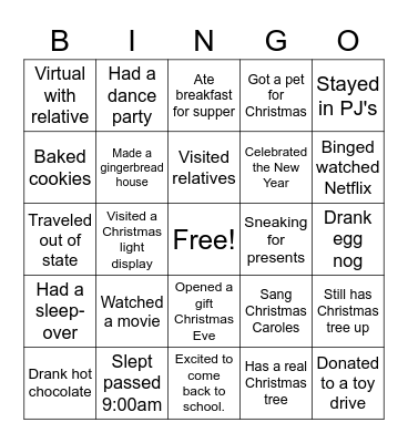 Christmas Break Bingo Card