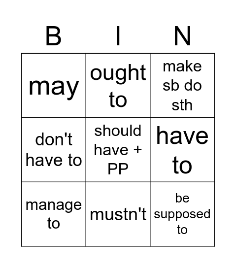 modals A Bingo Card