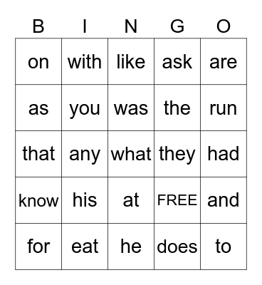 Sight Words 1 Bingo Card