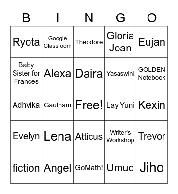 Rm. 12 BINGO first game Bingo Card