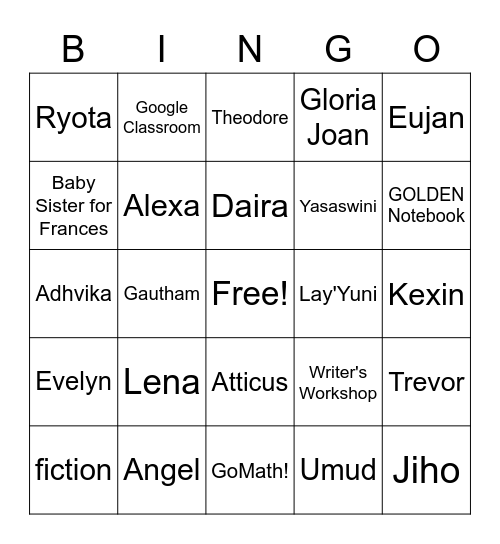 Rm. 12 BINGO first game Bingo Card