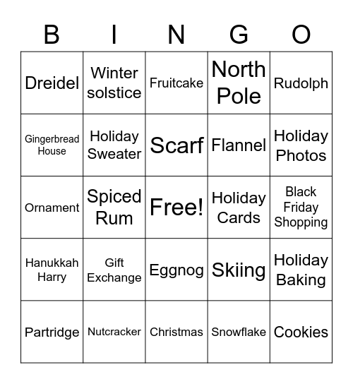 Winter Holiday Bingo Card