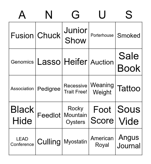 Angus Thanksgiving Bingo Card