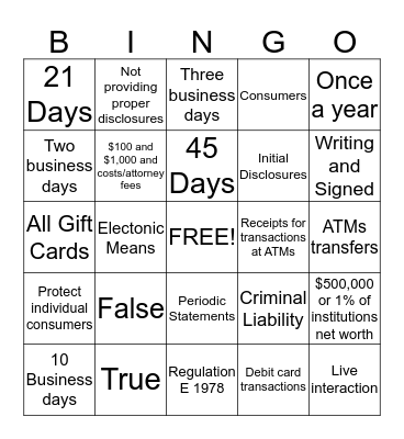 REG. E Bingo Card