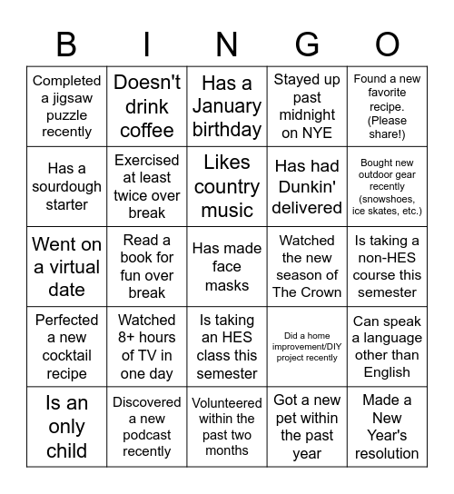January TGIF Bingo Card