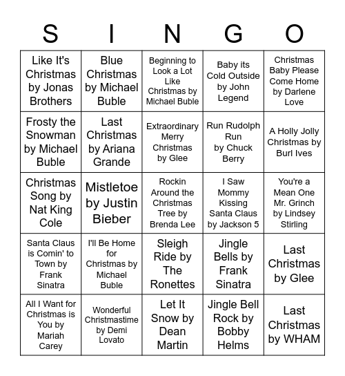 Happy Holidays! Singo Edition Bingo Card