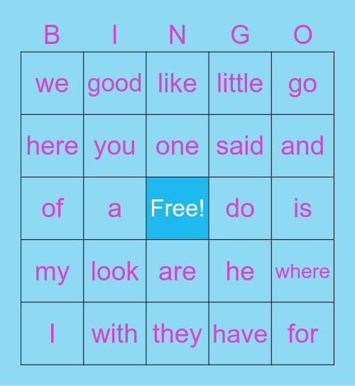 Sight Word Bingo Card