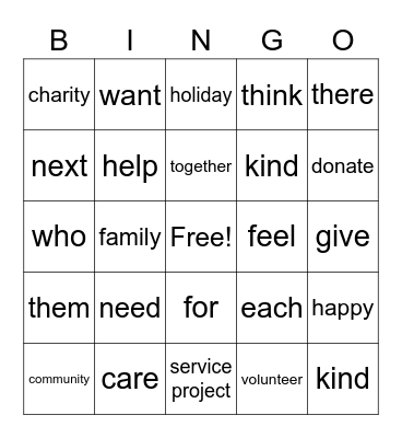 December Vocabulary Bingo Card