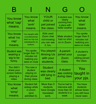 Zoom Bingo Card