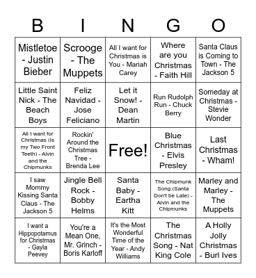 Holiday Music Bingo Card