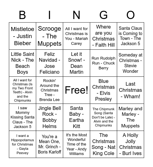 Holiday Music Bingo Card