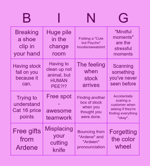 Ardene Bingo Card