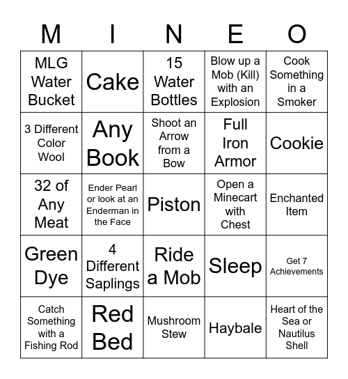 Minecraft Test Bingo Card