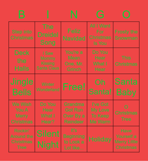 Holiday Music Bingo Card