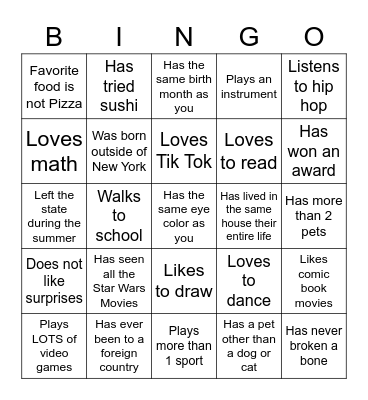 Middle School Bingo Card