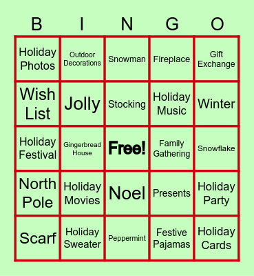 Holiday/Christmas Bingo Card