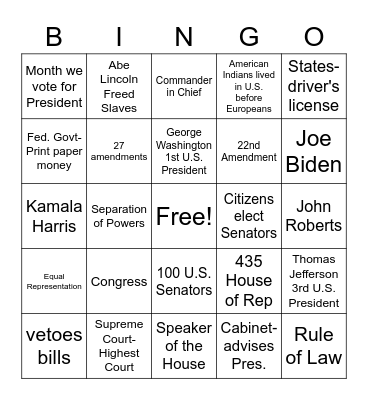 128 Civics Questions Review Bingo Card