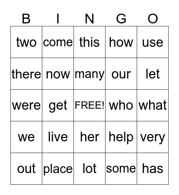 Word Wall Words for 1st Graders Bingo Card