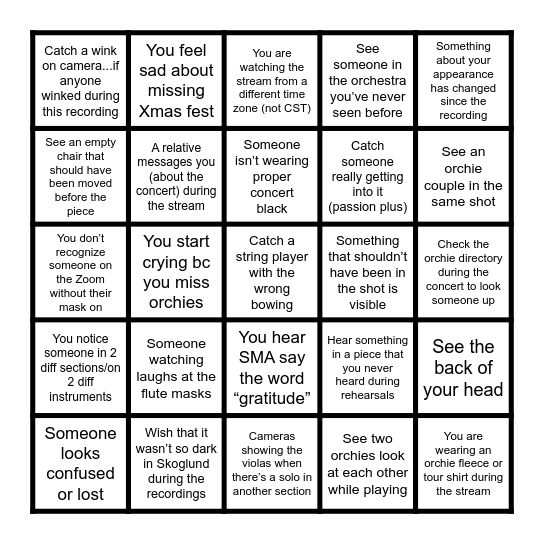 Orchie Watch Party Bingo Card