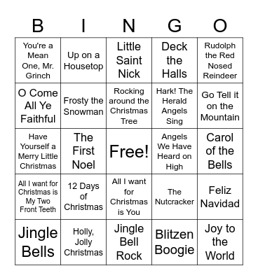 Christmas Songs Bingo Card