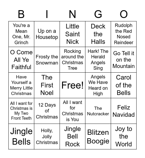 Christmas Songs Bingo Card