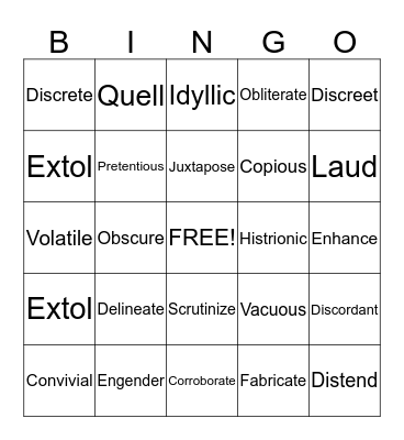 Vocabulary BINGO Card