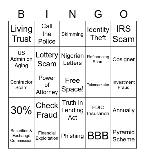 Senior Fraud Bingo Card