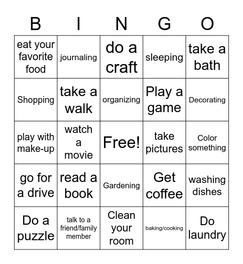 Things to Do Bingo Card