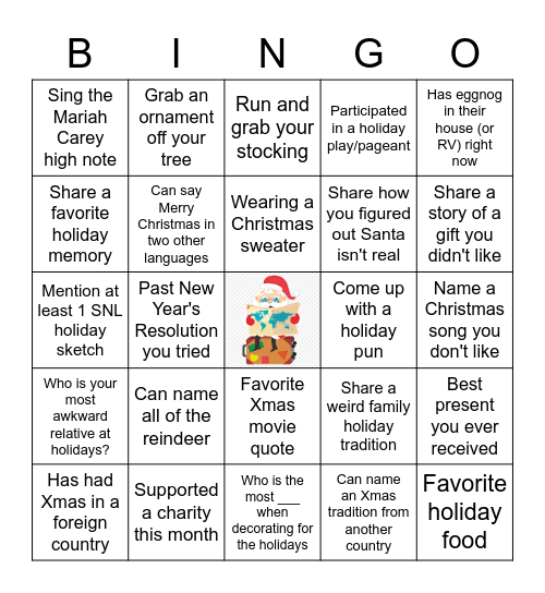 PACC holiday bingo Card