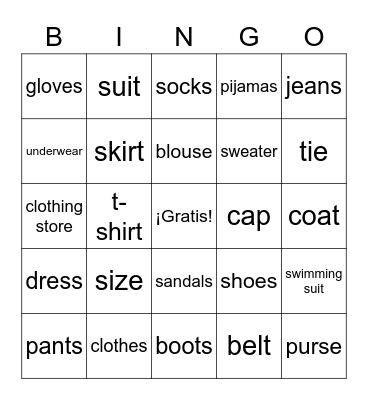 Clothing Bingo Card