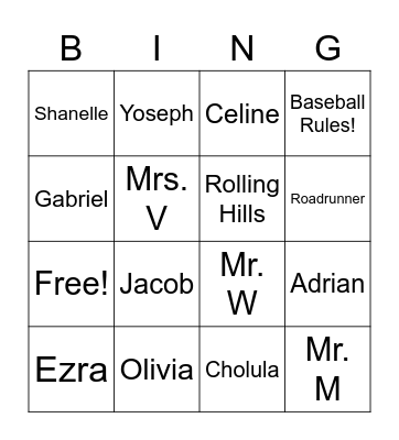 Room 12 Bingo Card