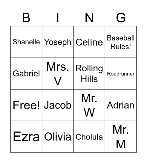 Room 12 Bingo Card