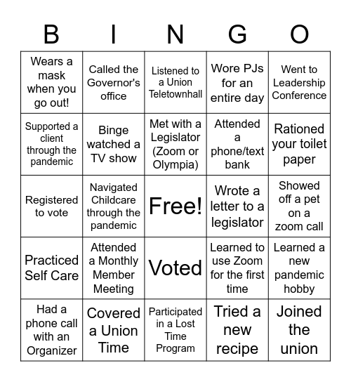 2020 Union BINGO! Bingo Card