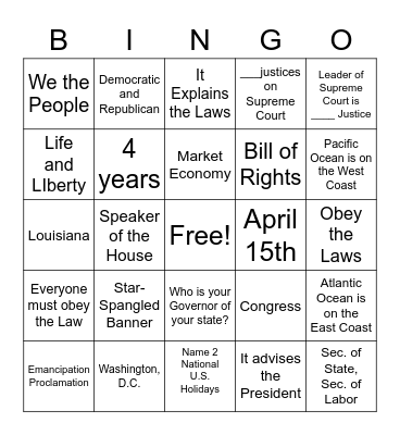 100 Questions Civics Bingo Card