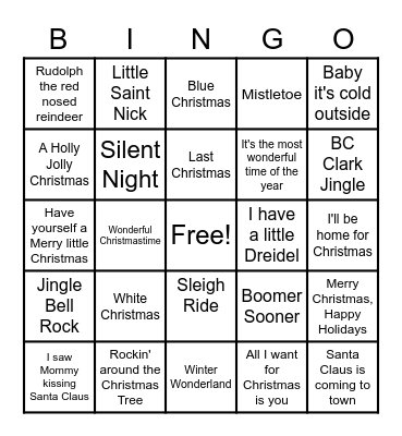 Holiday Music Bingo Card