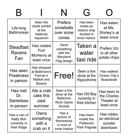 Baltimore Bingo Card