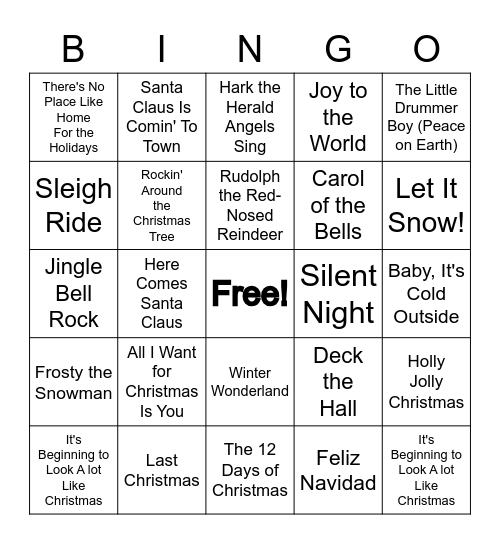 Christmas Song Bingo Card
