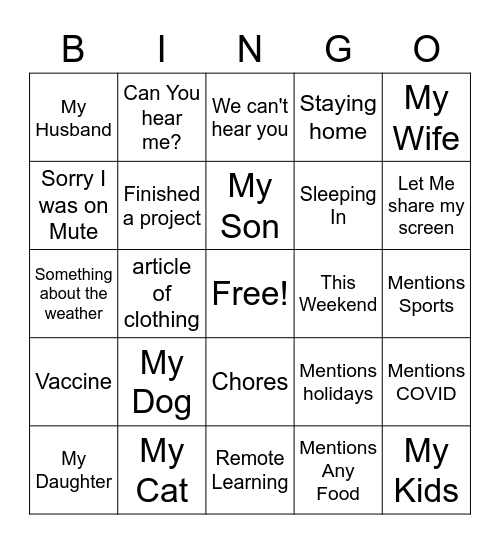 Virtual Happy Hour Bingo Card