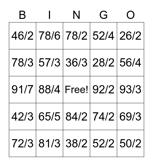 Long Division 4th grade Bingo Card
